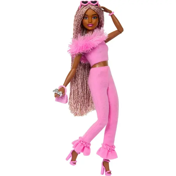 Barbie Deluxe Style-Puppe Nr. 4 mit weichem rosafarbenem Jumpsuit und rosa und braunen geflochtenen Zöpfchen