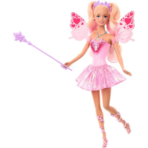 Barbie Fantasy Feenpuppe mit Farbwechsel-Flügeln und -Outfit, Spielzeugzauberstab mit Schwamm und Mode-Accessoires