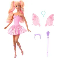 Barbie Fantasy Feenpuppe mit Farbwechsel-Flügeln und -Outfit, Spielzeugzauberstab mit Schwamm und Mode-Accessoires