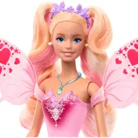 Barbie Fantasy Feenpuppe mit Farbwechsel-Flügeln und -Outfit, Spielzeugzauberstab mit Schwamm und Mode-Accessoires