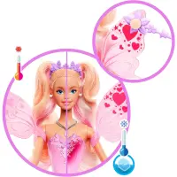 Barbie Fantasy Feenpuppe mit Farbwechsel-Flügeln und -Outfit, Spielzeugzauberstab mit Schwamm und Mode-Accessoires