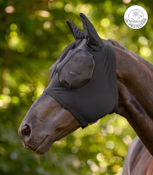 Waldhausen Fliegenmaske Puck WB Schwarz – UV-Schutz, elastisch, Reißverschluss, Fliegenschutz Pferd, extra Augenfreiheit