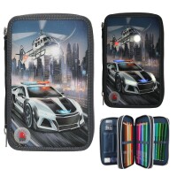 Monster Cars 3 Fach Federtasche LED Polizeiauto