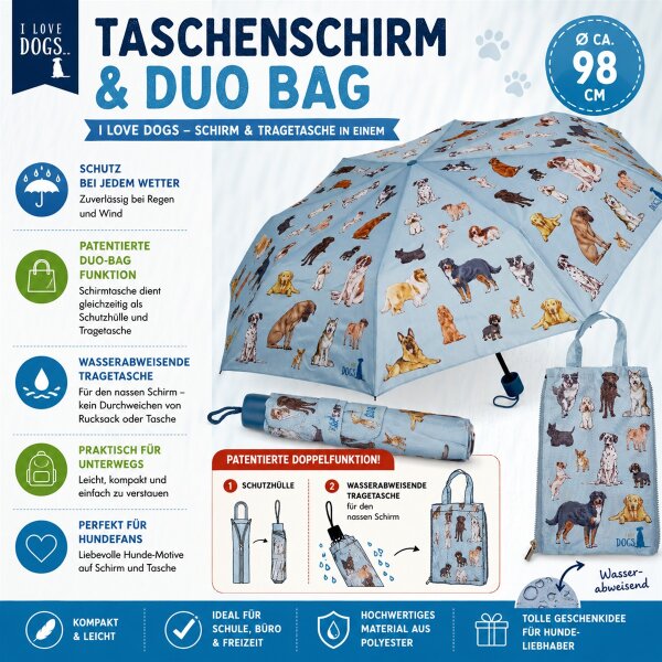 Taschenschirm Duo Bag I Love Dogs Schirm mit Tragetasche Hunde Motiv
