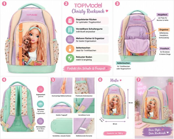 TOPModel Schulrucksack SUNNY DOG Mädchen Rucksack Schulranzen Hund