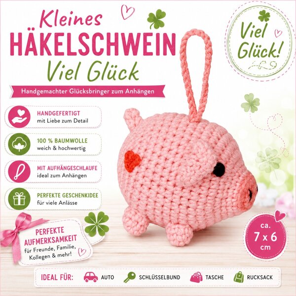 Kleines Häkelschwein Viel Glück Glücksbringer Schlüsselanhänger Rosa